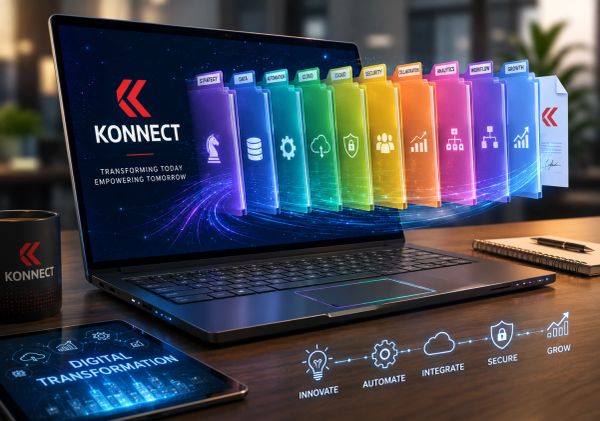 Laptop displaying Konnect's digital transformation modules in vibrant colors.