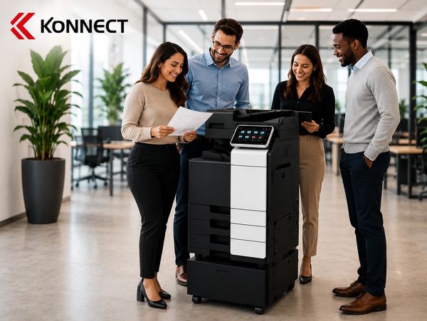 Four professionals gathered around a high-tech office printer, engaged and smiling.
