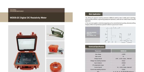 Wires and device of WDDS-2C Digital DC Resistivity Meter in an orange case.