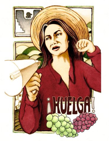Dolores Huerta calling for a strike or "HUELGA"