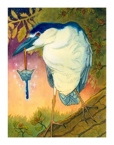A bold Night Heron stands with a magical Fairyland Key at twilight among the oaks. 