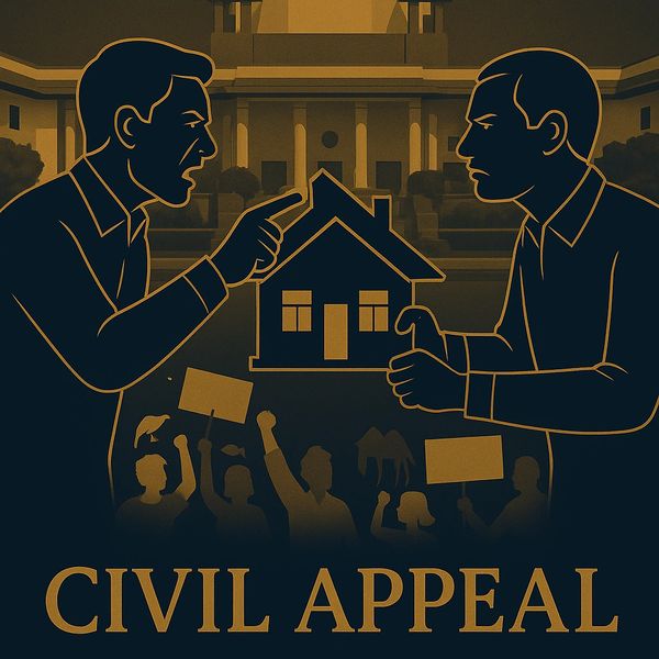 Illustration of two men arguing over a house with a courthouse in the background.