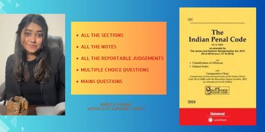 Professional woman beside a list of legal study materials and the Indian Penal Code book cover.