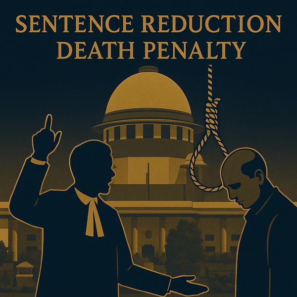 Illustration showing debate on death penalty sentence reduction outside a court.