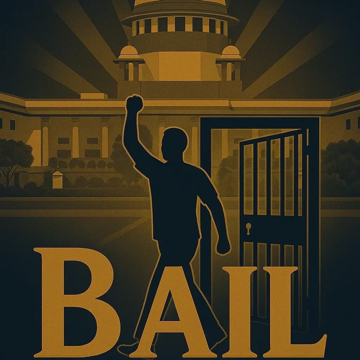 Illustration of a person being freed on bail in front of a courthouse with protestors and symbolic elements below.
