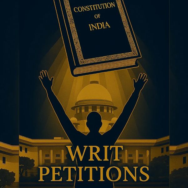 Silhouette raising hands towards the Constitution of India with 'Writ Petitions' text.