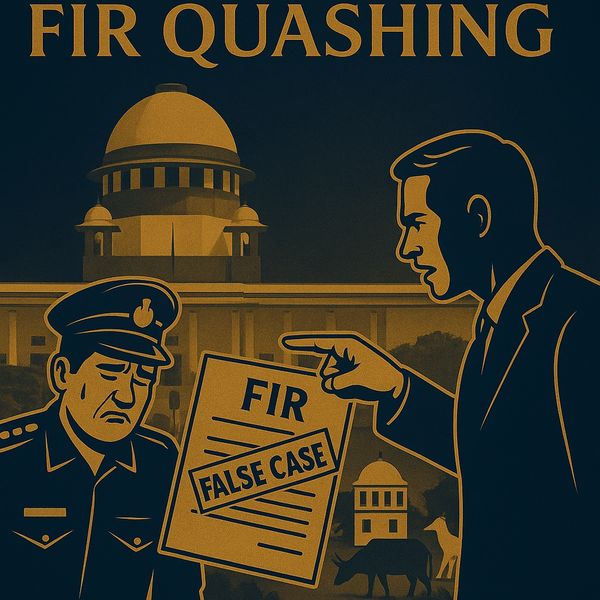 Illustration of FIR quashing with a police officer and a man pointing at a false case document.