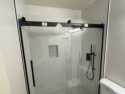 door, glass, bathroom, bath, floor, paint, toilet, remodelation