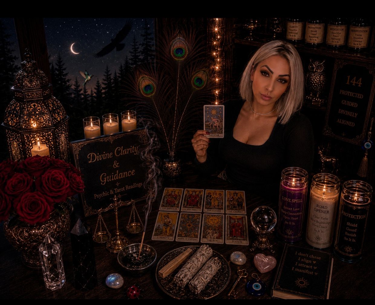 A woman holds a tarot card in a mystical, candlelit setting with crystals and peacock feathers.