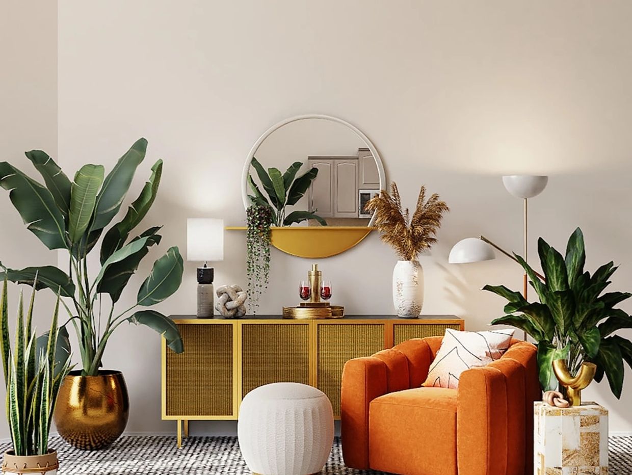 Cozy living room with orange armchair and vibrant plants.