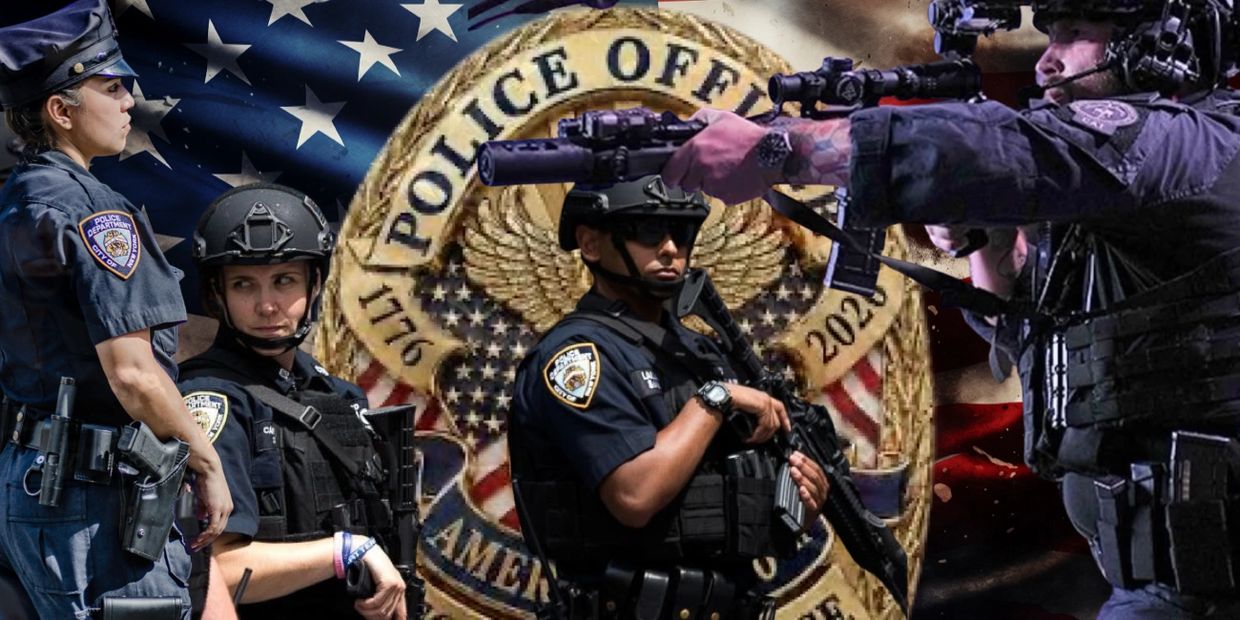 Four armed police officers in front of a police badge and American flag.