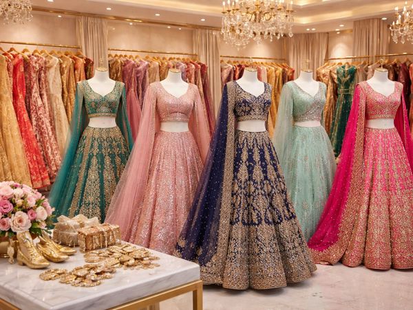 Colorful, ornate lehengas displayed on mannequins in a boutique.