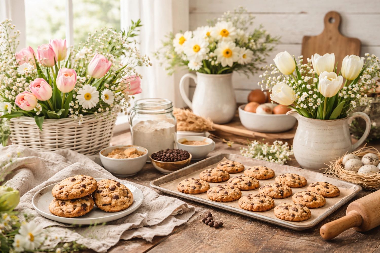 Freshly baked chocolate chip cookies on a rustic wooden table with flowers and baking ingredients.
