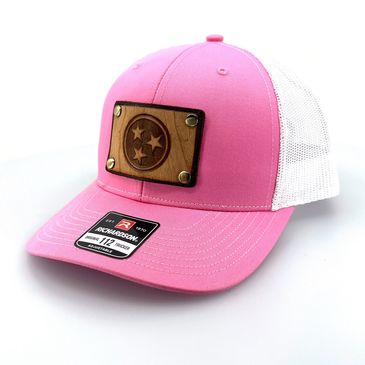 Pink Richardson hat with laser engraved wood over leather.