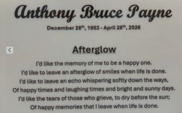 Memorial plaque honoring Anthony Bruce Payne with a poetic tribute titled Afterglow.