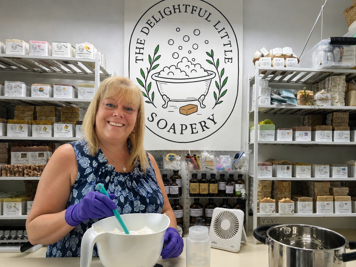 Smiling woman in a soap shop holding a bowl with a spatula.