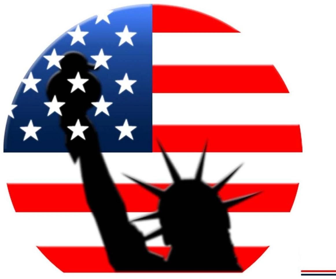 Statue of Liberty silhouette with American flag background.