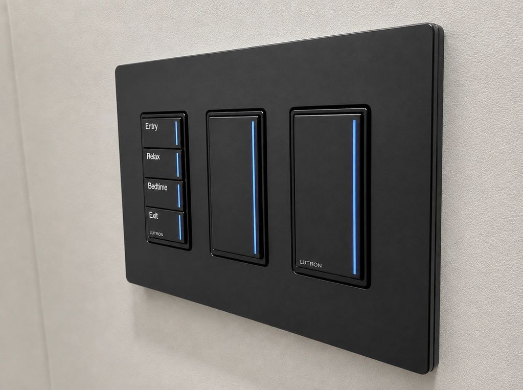 Black Lutron smart light switches with blue indicator lights.