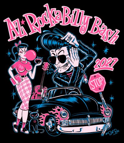 AZ Rockabilly Bash 2021 event poster with retro characters and car.