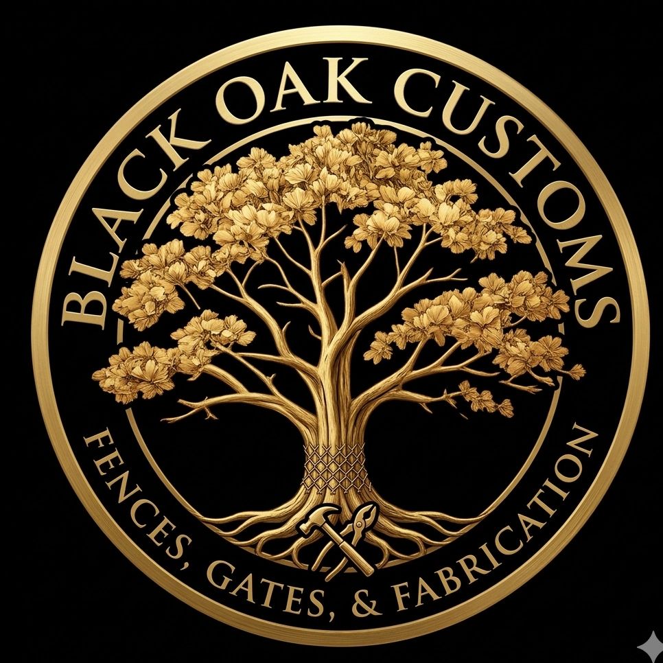 Elegant gold emblem of Black Oak Customs with a detailed oak tree and tools.