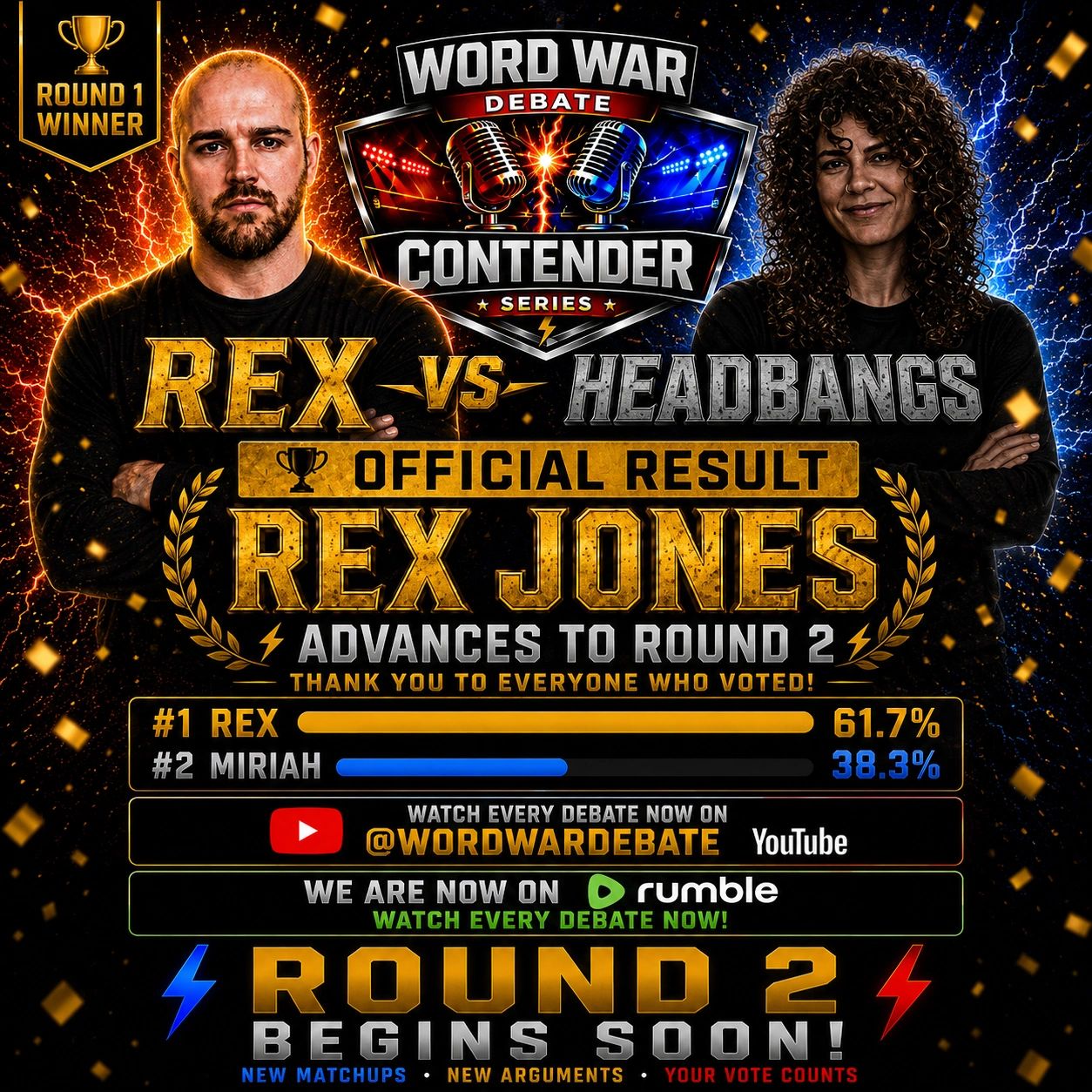Rex Jones wins Round 1 of Word War Debate Contender Series.