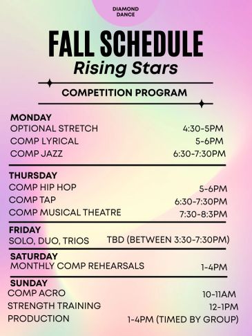 Fall schedule for Rising Stars competition program at Diamond Dance.