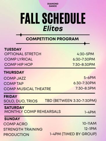 Fall schedule for Diamond Dance Elites competition program.
