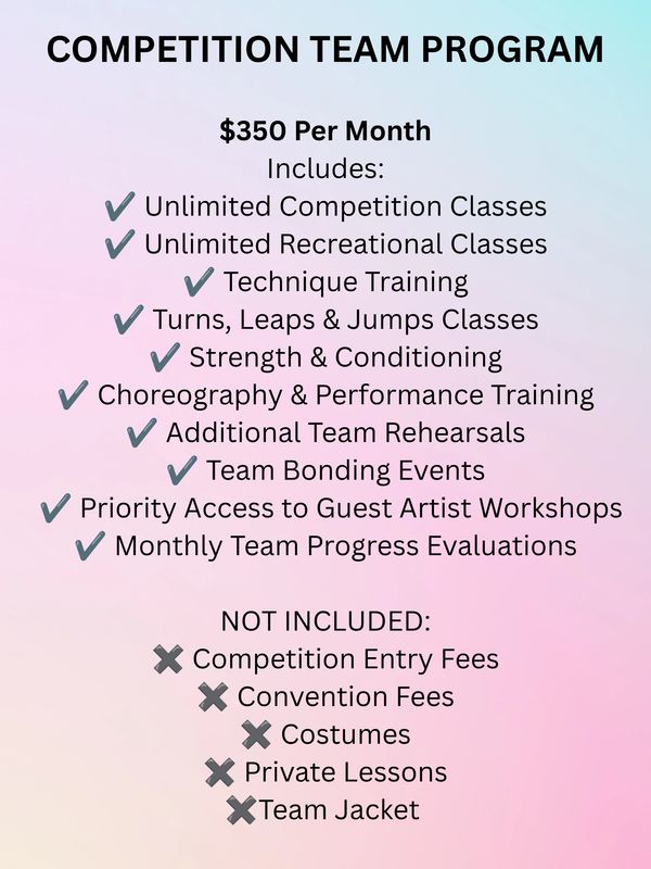 Competition team program for $350/month with unlimited classes and training, excluding some fees and items.