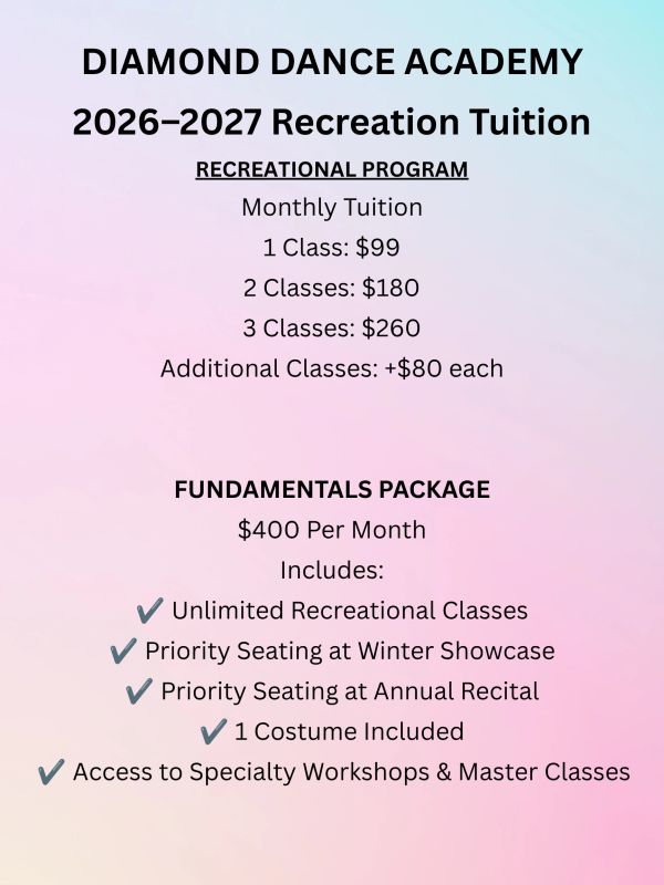 Diamond Dance Academy 2026-2027 tuition rates for recreational and fundamentals packages.