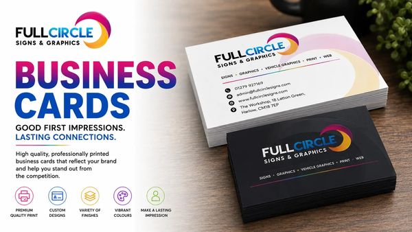 Professional business cards with vibrant colors and quality prints from Full Circle Signs &amp; Graphics.