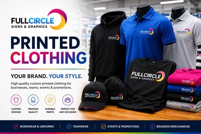 Custom printed clothing and merchandise from Full Circle Signs &amp; Graphics.