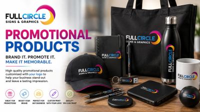 Branded promotional products from Full Circle Signs &amp; Graphics to boost business visibility.