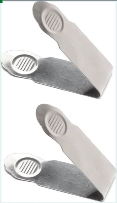 Two metal bag clips with ridged grips, used for sealing bags.