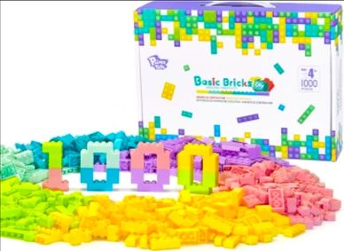 Colorful building bricks with a box labeled Basic Brick and the number 1000 formed.