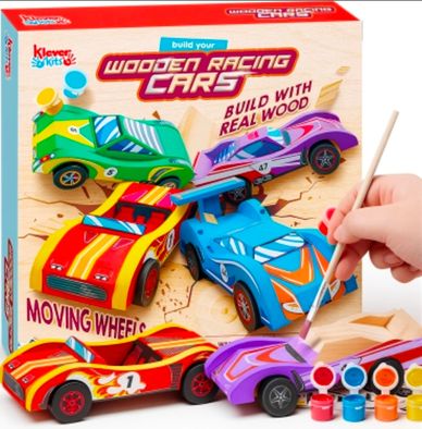 Wooden racing car kit with paint for creative building and decorating.