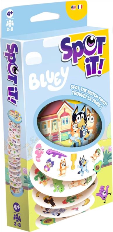 Spot It! Bluey edition card game for ages 4+, 2-8 players.