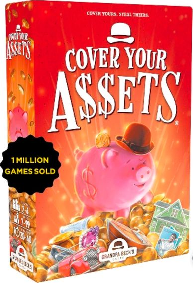 Cover Your Assets board game box with a piggy bank and money theme.