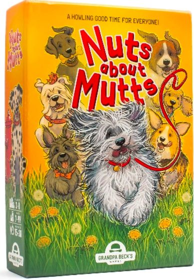 Colorful board game box featuring playful dogs and the title Nuts about Mutts.