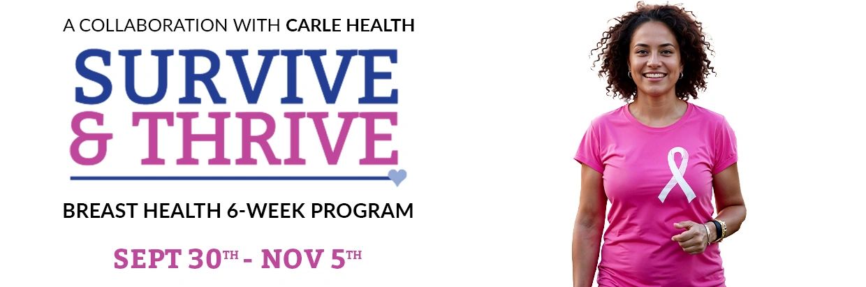 Woman in pink shirt promoting a breast health program.