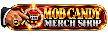 Logo for Mob Candy Merch Shop with crown and pointing hand.