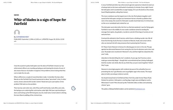 Article discussing hope for Fairfield due to law enforcement efforts and reduced crime. Bertani