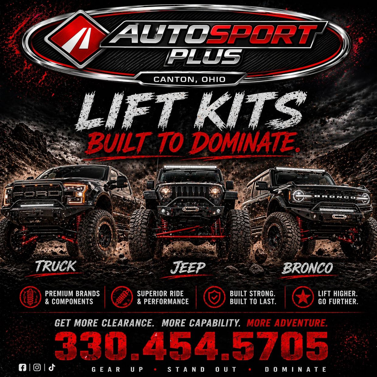 Jeep lift kits near Akron Ohio. GMC truck lift kits near Canton Ohio. New Bronco lift kits near Warr
