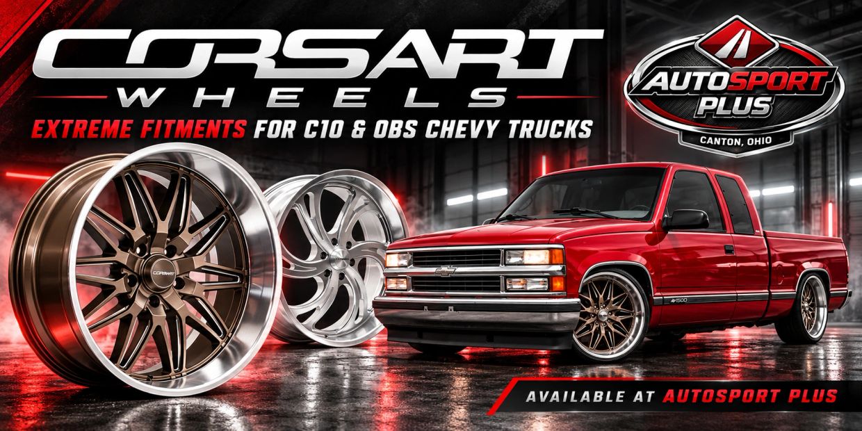 Corsart Wheels advertisement for Chevy trucks at Autosport Plus.