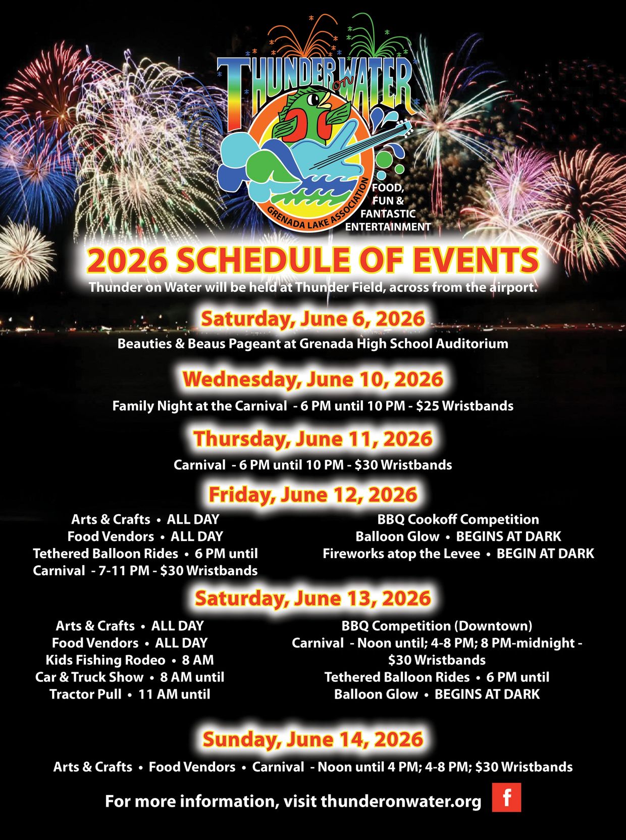 2026 Thunder on Water event schedule with fireworks background and colorful logo.