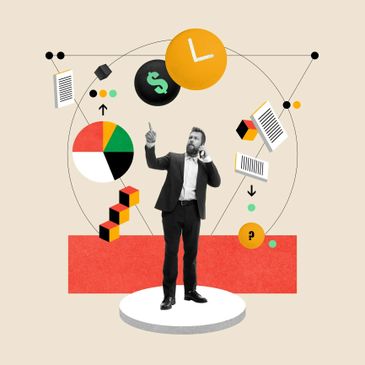 Businessman surrounded by floating financial and time-related icons.