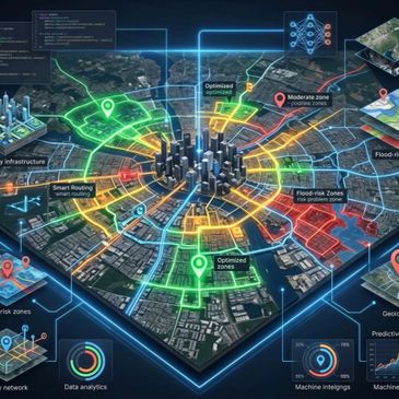 Futuristic digital city map showing optimized zones and flood-risk areas.
