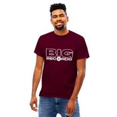 Man wearing a maroon T-shirt with 'BIG RECORDS' printed on it.