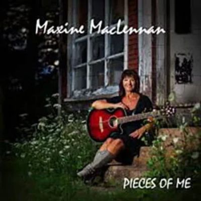 Woman sitting with guitar outside a rustic house, album cover style.