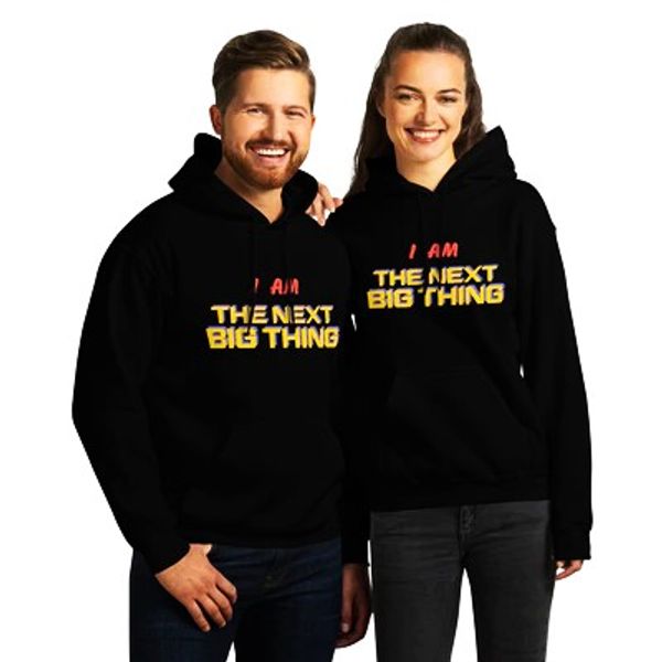Smiling man and woman wearing matching black hoodies with "I AM THE NEXT BIG THING" text.