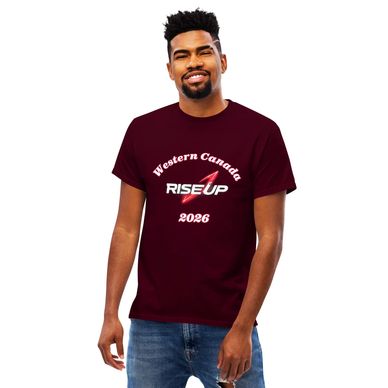 Man wearing a maroon t-shirt with "Western Canada RISE UP 2026" text.